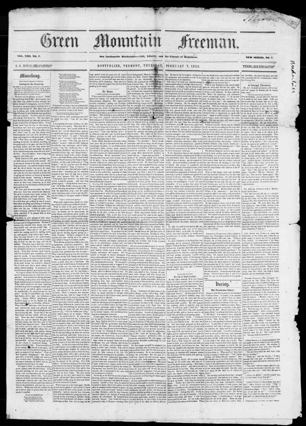Full page of the Green-Mountain Freeman. Bell Witch article begins in the "Variety" section, in the lower right corner of the page.